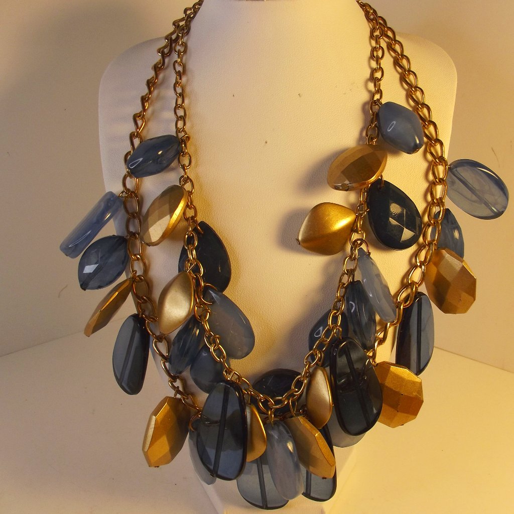 Vintage Necklace - Statement - Blue & Gold Acrylic Drops Gold Tone Chain